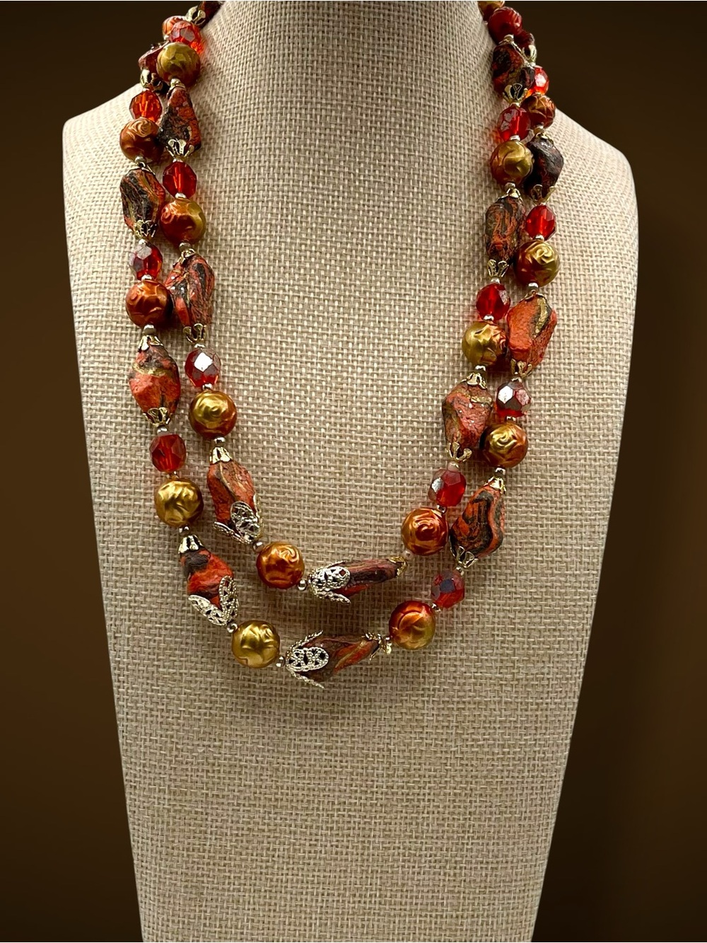 Vintage Double Strand Orange Stone Faceted Glass Resin Faux Pearl Necklace